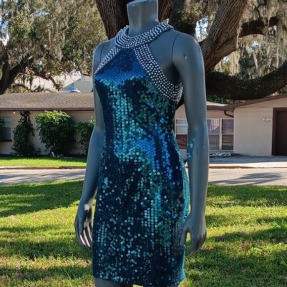 NITELINE by DELLA ROUFOGALI VINTAGE BLUE SEQUIN/STUDDED COLLAR COCKTAIL DRESS - Picture 16 of 17